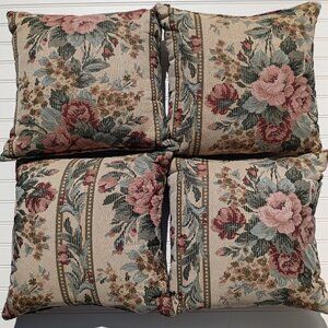 Tapestry Throw Pillows SET OF 4 Floral Pink Roses Victorian Decor 15.5 in Vtg
